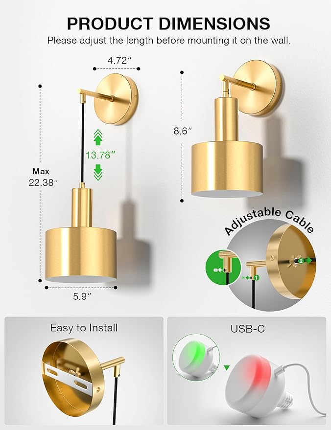 NIORSUN Battery Operated Wall Sconce Set of 2, Gold Wireless Rechargeable Wall Lights with 5200mAh Dimmable Detachable Bulbs and Remote, 9 Colors Sconces Wall Decor for Bedroom Living Room Hallway