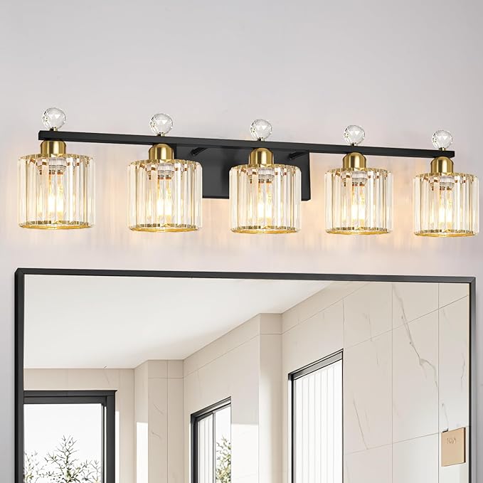 5 Light Black and Gold Vanity Light, Modern Crystal Bathroom Vanity Lighting Fixtures, Bath Wall Mount Lights with Clear Crystal Glass Shade, Wall Sconce Light for Mirror Bedroom Living Room, E26 Base