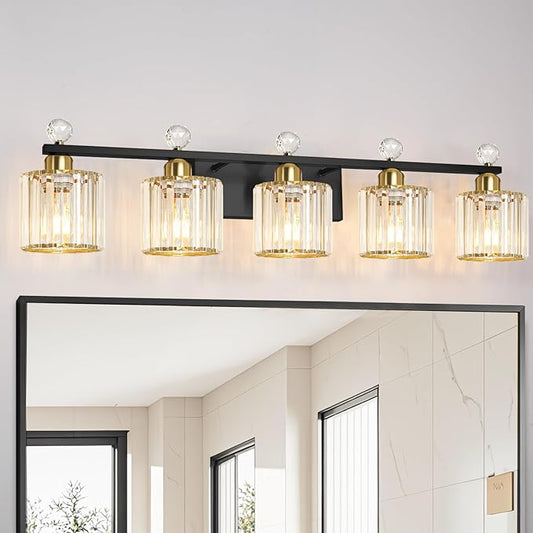 5 Light Black and Gold Vanity Light, Modern Crystal Bathroom Vanity Lighting Fixtures, Bath Wall Mount Lights with Clear Crystal Glass Shade, Wall Sconce Light for Mirror Bedroom Living Room, E26 Base