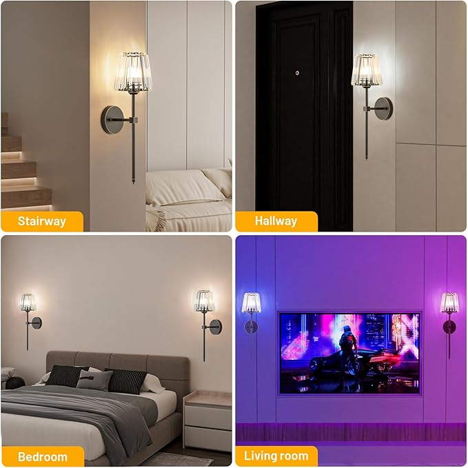 Crystal Battery Operated Wall Sconces Set of 2, Brown and Gold Rechargeable Wireless Wall Lights with Crystal Lampshade, 12 RGB and 3CCT Dimmable Wall Lamps with Remote for Bedroom Living Room Hallway