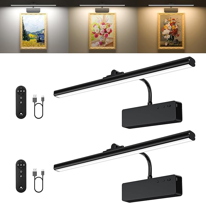Racokky Picture Light, 15.35inch Picture Lights for Wall Rechargeable, Battery Lights for Pictures on Wall, 3 Color Art Lighting for Paintings with Timer and Dimmable Artwork Display (Black-2PCS)