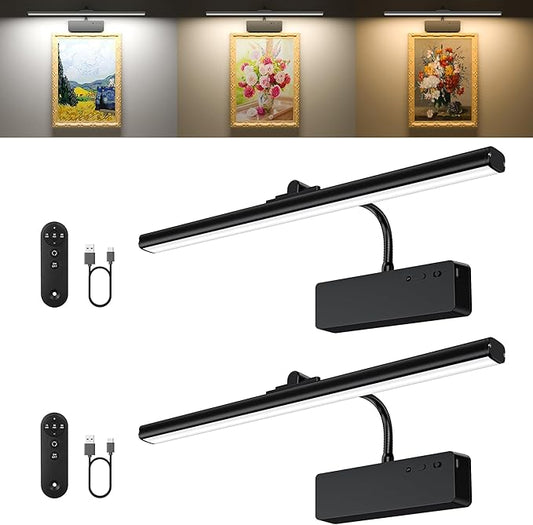 Racokky Picture Light, 15.35inch Picture Lights for Wall Rechargeable, Battery Lights for Pictures on Wall, 3 Color Art Lighting for Paintings with Timer and Dimmable Artwork Display (Black-2PCS)