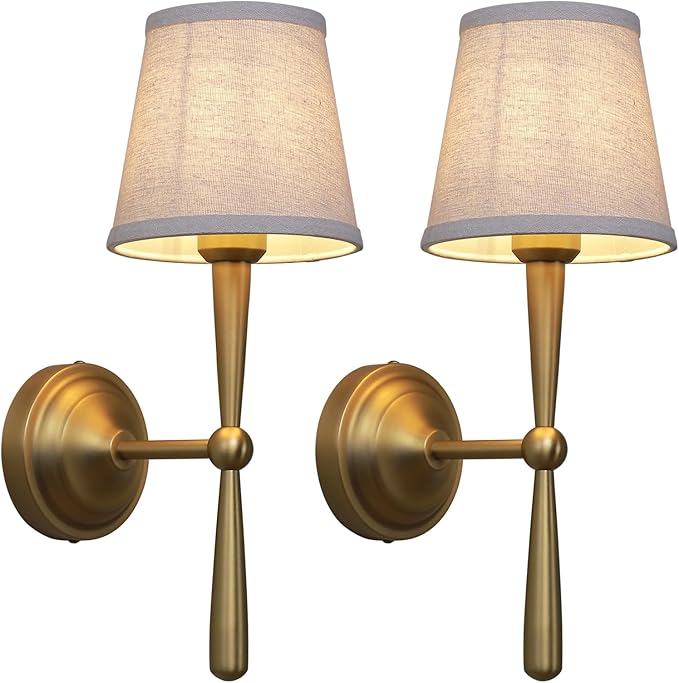 Sconces Wall Lighting Set of Two with Boho Linen Fabric Shade, E26 Aged Brass Vanity Bathroom Wall Lamps, Hardwired Indoor Wall Lights for Living Room Bedside Nightstand Light