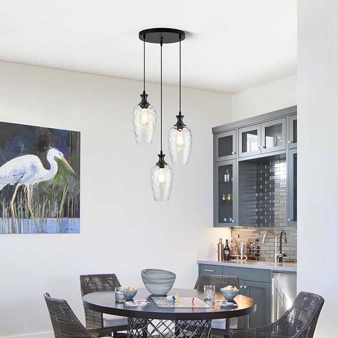 3-Light Pendant Lighting, Black Dining Room Chandelier Light Fixture Over Table with Hammered Glass, Modern Cluster Hanging Lights for Kitchen Island Sink, E26