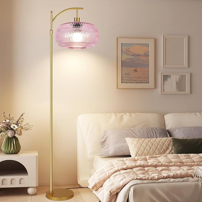 QIYIZM Pink Floor Lamp for Living Room,Bedroom,Gold Dimmable Standing Lamp with Remote,Mid Century Modern Brass Tall Lamp Boho Floor Lamps Arc Stained Glass Flower Floor Light Lamp Girls kids Bohemian