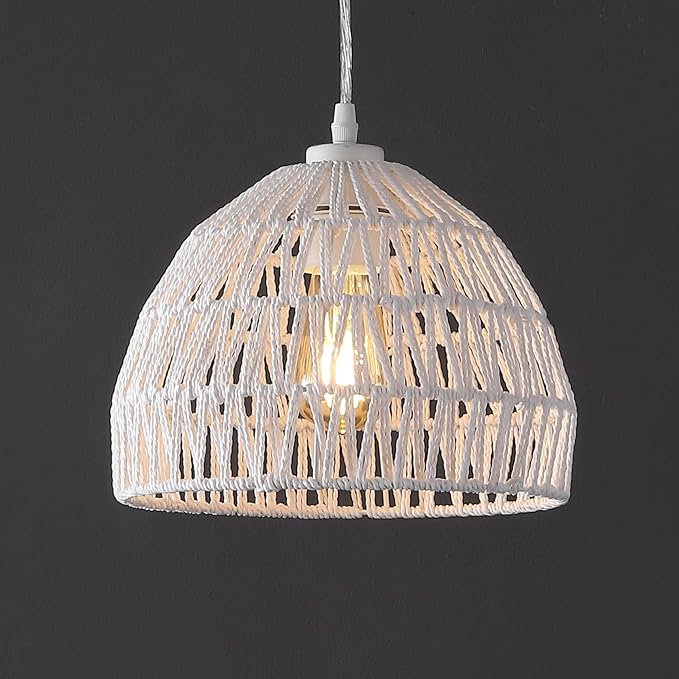 JONATHAN Y 10.25" White Modern Bohemian Woven Rope LED Pendant Light Fixture, Adjustable Dome Ceiling Lamp for Kitchen Island, Rope Shade, Coastal Farmhouse Decor (JYL6513A)