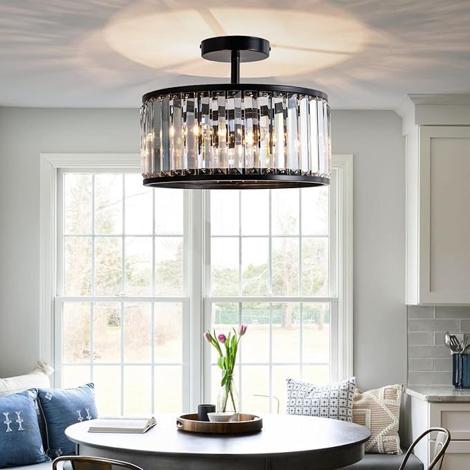 Black Crystal Ceiling Light Fixture,3 light crystal Semi Flush Mount Ceiling Lighting Fixture,Round Small kitchen ceiling light for Hallway, Entryway, Laundry Room, Kitchen, Bedroom, Foyer, Bathroom