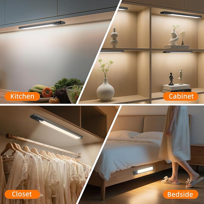Under Cabinet Lighting Wireless, 15inch Rechargeable Motion Sensor Light Indoor, 3 Color Closet Light Battery Operated with LED Power Display, Magnetic Under Counter Lights for Kitchen (3Pack-Black)