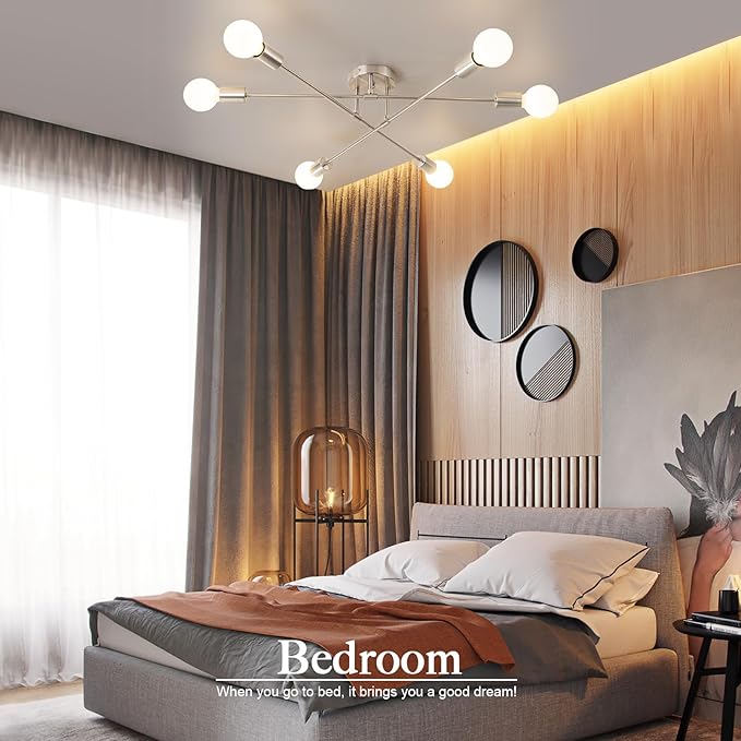 6-Light Modern Sputnik Chandeliers, Silver Mid Century Semi Flush Mount Ceiling Light Fixtures with E26 Base, Industrial Vintage Kitchen Farmhouse Light for Dining Room Bedroom Living Room
