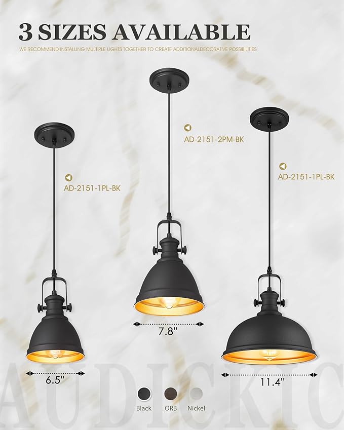 Black Pendant Lights Kitchen Island, 8" Farmhouse Hanging Lights Fixtures with Metal Shade, Rustic Kitchen Pendant Lighting Over Island for Dining Room, AD-2151-1PM-BK