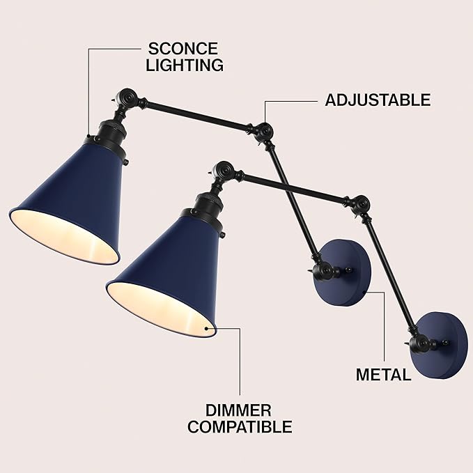 JONATHAN Y 7" Navy/Black Classic Industrial Metal Adjustable Arm LED Wall Sconce for Bedside Reading, Farmhouse Swing Arm Wall Lamp with Metal Shade, Hardwired (JYL7462G-SET2)