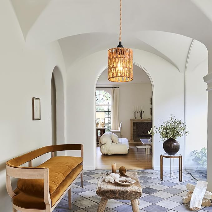 Plug in Pendant Light, Industrial Hanging Light with Plug in Cord Hemp Rope On/Off Switch Farmhouse Pendant Lamp with Plug in Cord, Vintage Hanging Lamps for Dining Room