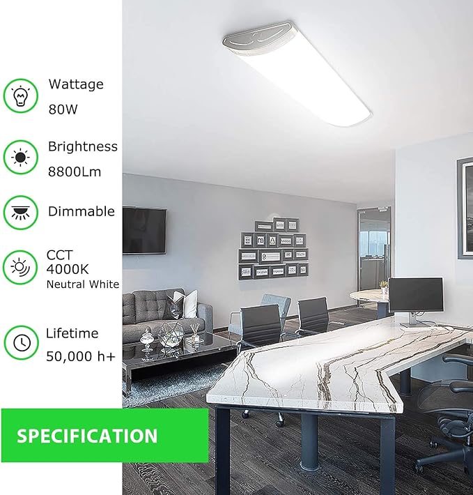 4ft LED Light Fixtures Dimmable 80W 8800lm Linear Flush Mount Lights, 4 Foot LED Ceiling Light 4000K Neutral White, Equivalent 250W Fluorescent Replacement for Kitchen, Craft Room - 1 Pack