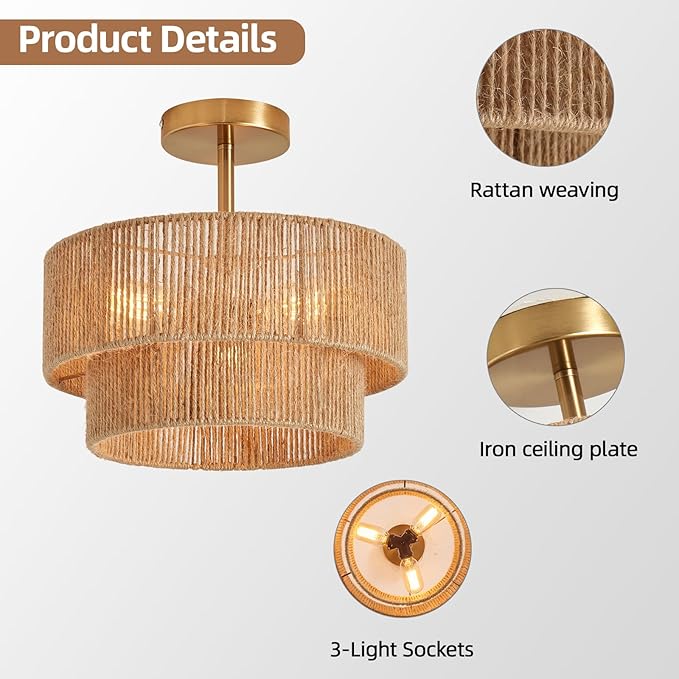 Boho Semi Flush Mount Ceiling Light Gold Rattan Ceiling Light 12.6" Farmhouse Ceiling Lamp with Natural Hemp Rope Lampshade for Dining Room Living Room Bedroom Kitchen