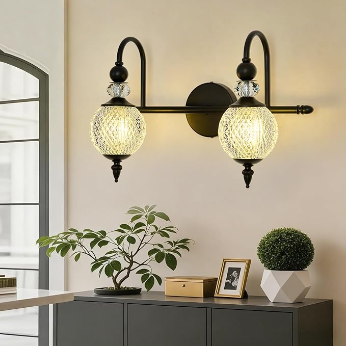 Vintage Vanity Light 2 Lights Black Bathroom Light Fixtures Over Mirror with Acrylic Globe Shade
