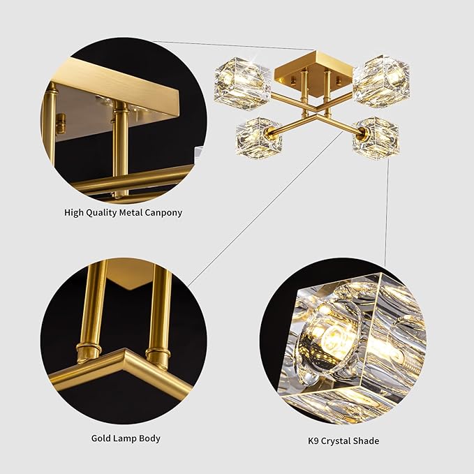 Gold Modern Sputnik Chandelier Ceiling Light Fixtures,4-Lights Industrial Crystal Semi Flush Mount Ceiling Light for Bedroom Dining Room Hallway Kitchen Bedroom Entryway