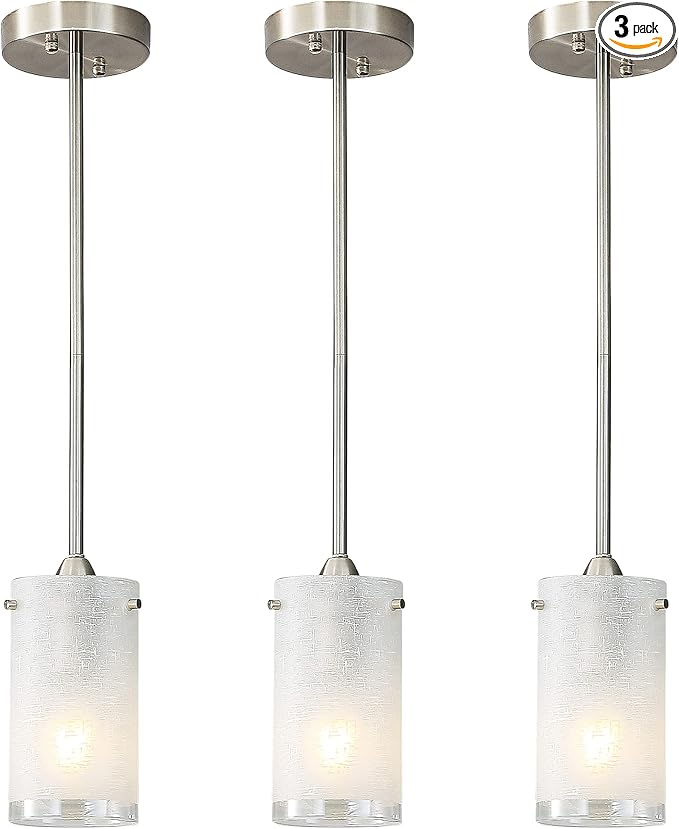 1-Light Mini Pendant Light Fixtures, Modern Chandelier Hanging Ceiling Light with White Frosted Shade, Brushed Nickel Pendant Lighting for Kitchen Bedroom Hallway, Adjustable Height, 3 Pack