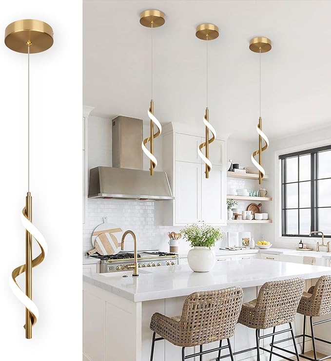 CANEOE Gold Pendant Light, Spiral Modern Led Pendant Lighting for Kitchen Island, 5500K Brushed Brass Ceiling Hanging Light Fixture for Dining Room Bedroom Sink Table Small Pendant Lights