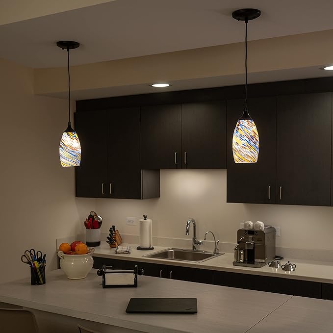 VAXCEL Milano Matte Black Mini Pendant Ceiling Light Multi Color Swirl Art Glass