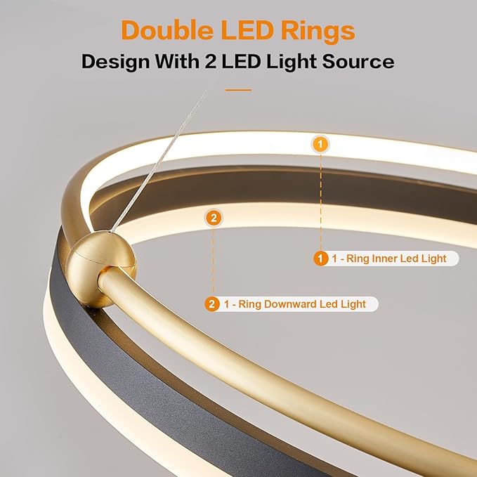 Benkut Modern LED Pendant Light 23.6" Black Gold Dimmable Circular LED Chandelier 1 Ring with Remote, Round Hanging Light for Kitchen Island Dining Room Living Room Foyer Entryway, 2-Ring Lighting