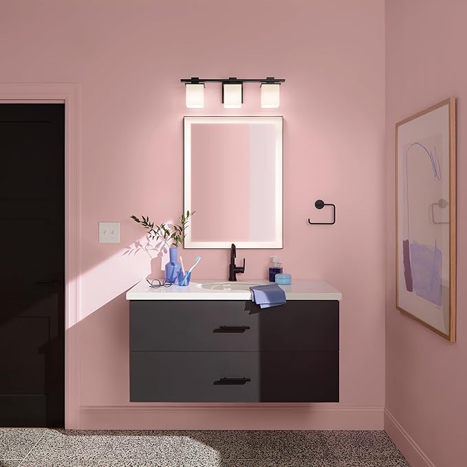 Kichler Tully 24" 3-Light Bathroom Vanity Light Fixture with Satin Etched Cased Opal Glass in Black for Over Mirror, Soft Modern Style (24" x 6.5" x 7"), 45151BK