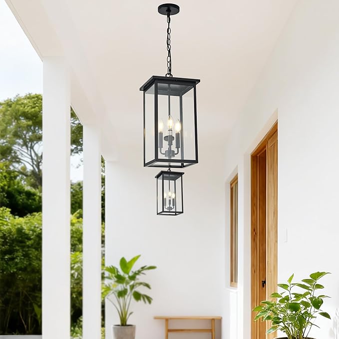 Large Outdoor Chandeliers, Black 3-Lights Outdoor Ceiling Hanging Lanterns with Clear Glass, Exterior Gazebo Light for Patio,Porch,Yard,Gara