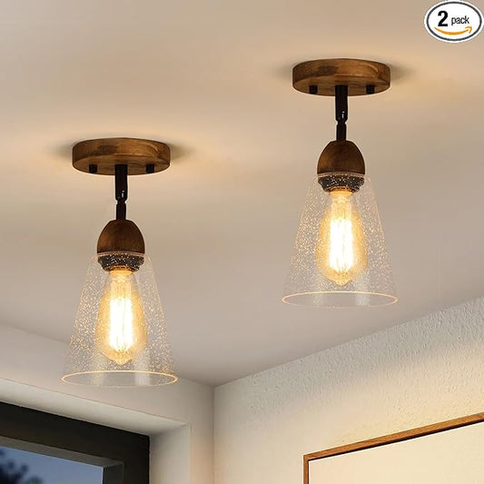 2 Pack Rustic Farmhouse Glass Flush Mount Ceiling Light Fixture Mini Clear Seeded Glass Shade and Oak Wood Semi Flush Mount Ceiling Light for Kitchen Hallway Entryway Sink Farmhouse