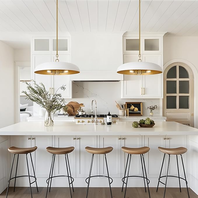 19.7 Inch Extra Large Pendant Light, 3-Light White and Gold All Metal Pendant Lighting Fixture, Oversized Modern Dome Chandelier Ceiling Hanging for Kitchen Island Dining Room Living Entryway