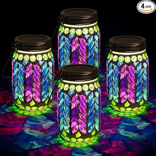 Stargarden 4 Pack Mosaic Solar Lantern ,Waterproof Outdoor Hanging Jar Lights, Mosaic Lights Solar Garden Decor for Patio Pathway Yard