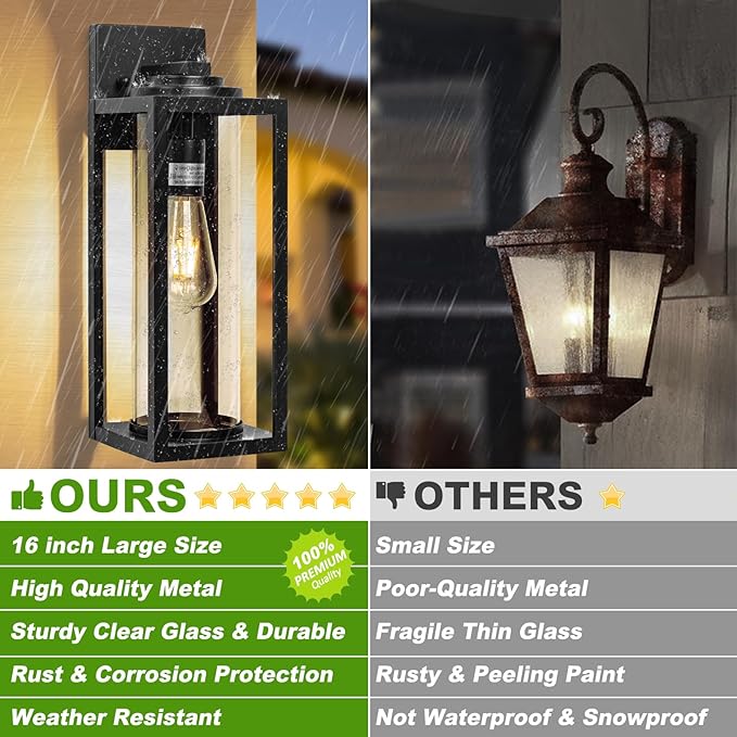 FILIYANO 16inch Large Outdoor Wall Lights - 2 Packs Modern Black Exterior Light Fixture with Clear Glass Shade, Waterproof Porch Lighting for House, Farmhouse Sconces Lantern for Front Door, Garage