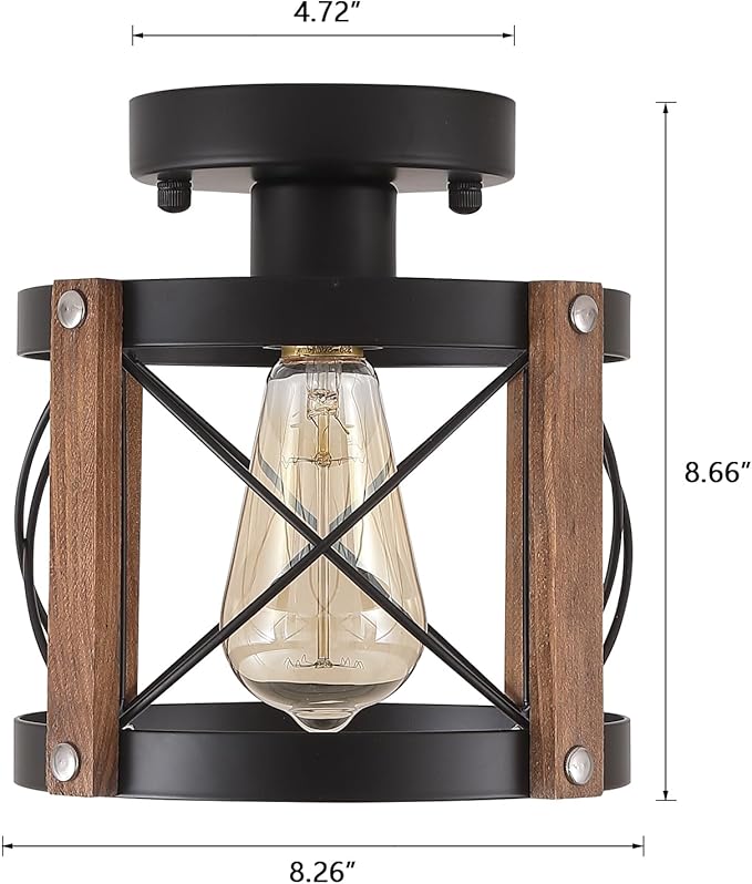 Rustic Farmhouse Wood Flush Mount Ceiling Light Fixture Oak Wood and Metal Round Cage Small Semi Flush Mount Ceiling Light for Kitchen Entry Bedroom Country Hallway Farmhouse, Black