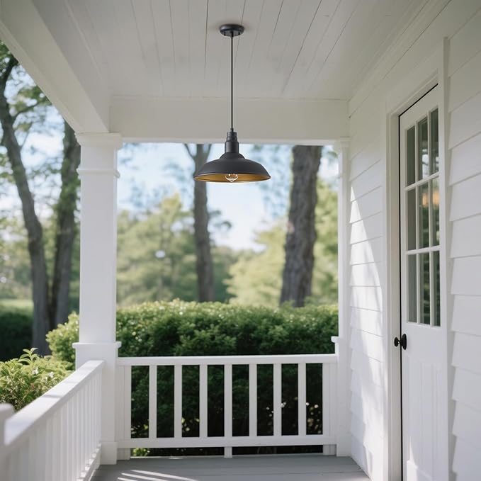 2 Pack Farmhouse Pendant Light for Kitchen, 14in Large Industrial Hanging Lights with Brass Interior, Indoor and Outdoor Ceiling Barn Lighting Fixture with Ajustable Cord for Dinning Room