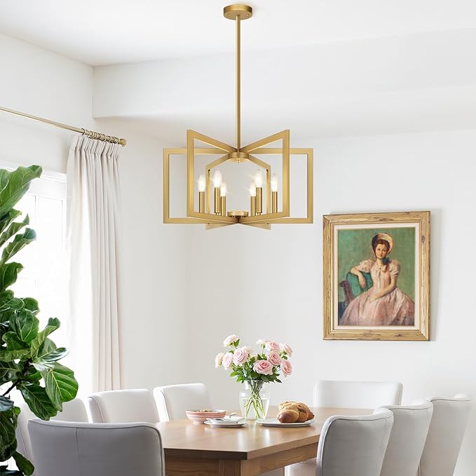 25" Modern Gold Chandelier for Dining Room, No Assembly Required Gold Dining Room Light Fixture Over Table, Industrial Metal Hanging Pendant Lights Fixture for Kitchen Island, Entryway, Foyer