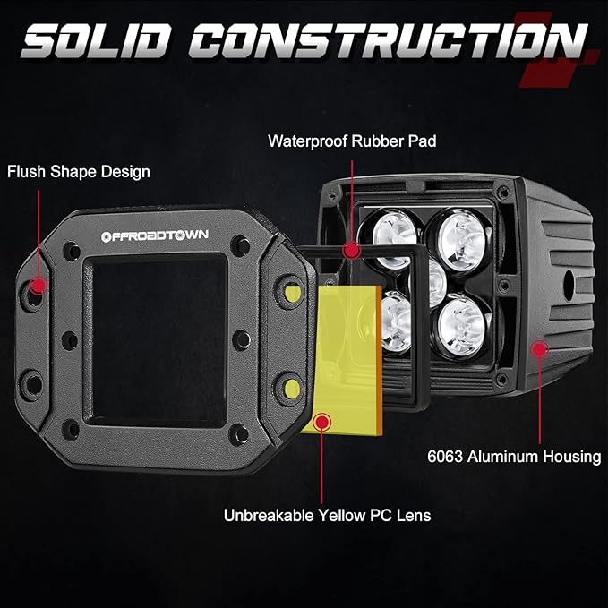 OFFROADTOWN 5 Inch Yellow Flush Mount LED Pods 2PCS 100W CREE LED Light Pods Spot Beam Off Road Driving Lights Fog Lights Reverse Lighting for Truck UTV ATV SUV Honda Chevy Boat