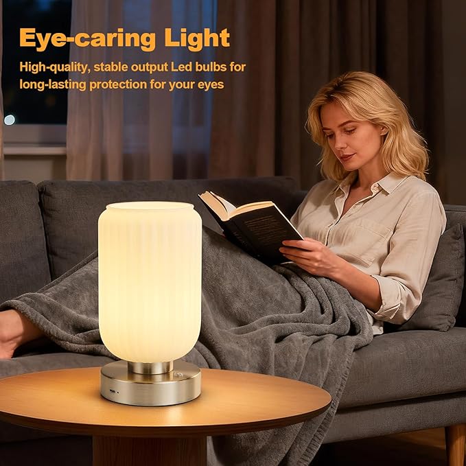 LightRound Cordless Table Lamp for Bedroom, 7500mAh Rechargeable Small Battery Lamp, Modern Touch Dimmable Wireless Lamp Brushed Nickel Base White Glass Shade for Living Room, Desk, Led Bulb Included
