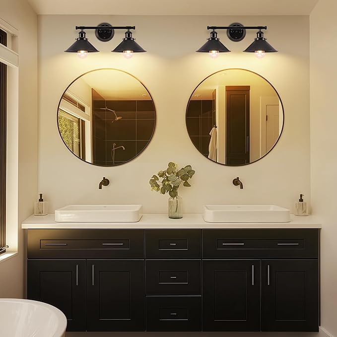 Bathroom Light Fixtures 2-Light Matte Black Farmhouse Vanity Lights for Bathroom Light Fixture, 20" Rustic Industrial Vanity Light Wall Sconce Lighting Fixtures over Mirror Cabin Kitchen Workshop Cafe