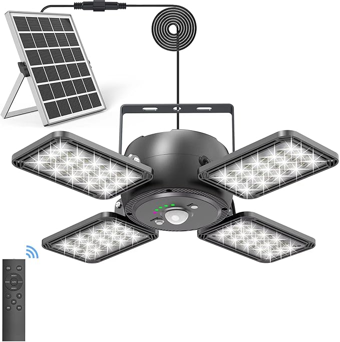 INXPHY Solar Shed Light Indoor Outdoor 1200LM 144LED Pendant Light, Motion Sensor with Upgrade 5 Lighting Modes & Remote Control 4-Leaf 120°Adjustable Lights for Home Yard Garage