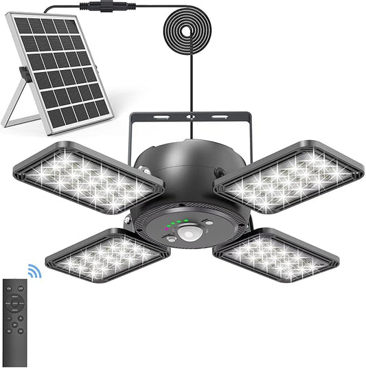INXPHY Solar Shed Light Indoor Outdoor 1200LM 144LED Pendant Light, Motion Sensor with Upgrade 5 Lighting Modes & Remote Control 4-Leaf 120°Adjustable Lights for Home Yard Garage