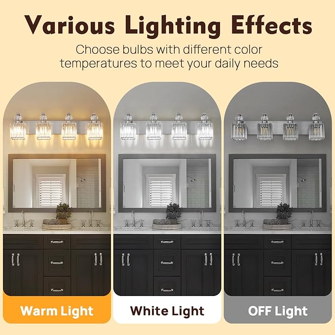 Modern Bathroom Vanity Light, 4-Light Nickel Bathroom Lighting Fixtures Over Mirror, 28.4" Crystal Wall Light Sconce for Bathroom/Bedroom/Vanity, Includes LED Bulbs, Easy Installation