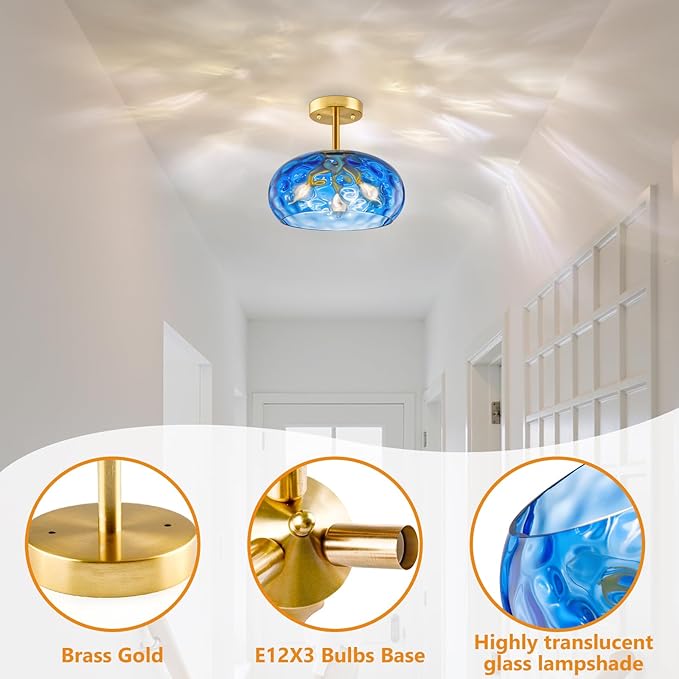 Blue Semi Flush Mount Ceiling Light, 12''& 3-Light Vintage Ceiling Light Fixture, Brass Indoor Hammered Glass Shade for Entryway, Bedroom, Kitchen, Living Room, Hallway, Farmhouse Bulbs Not Included