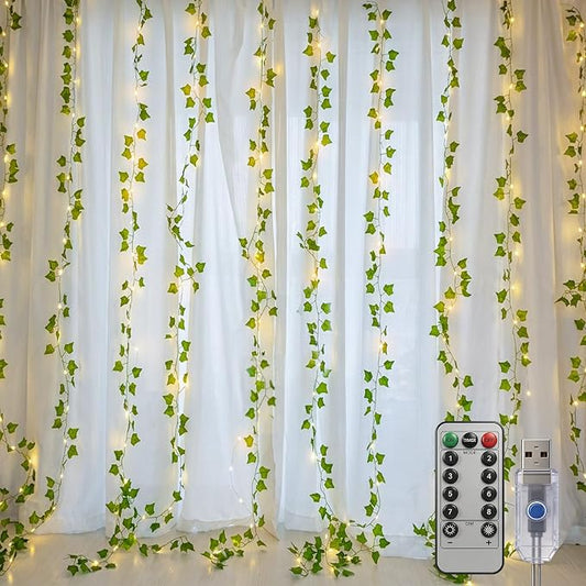 Bexdir 200 LED Curtain Vine Lights for Bedroom Decoration, 6.6x6.6ft Pre-Assembled Hanging Fake Vines with Fairy Lights USB Powered, Aesthetic Artificial Ivy Lights for Room Wall Decor