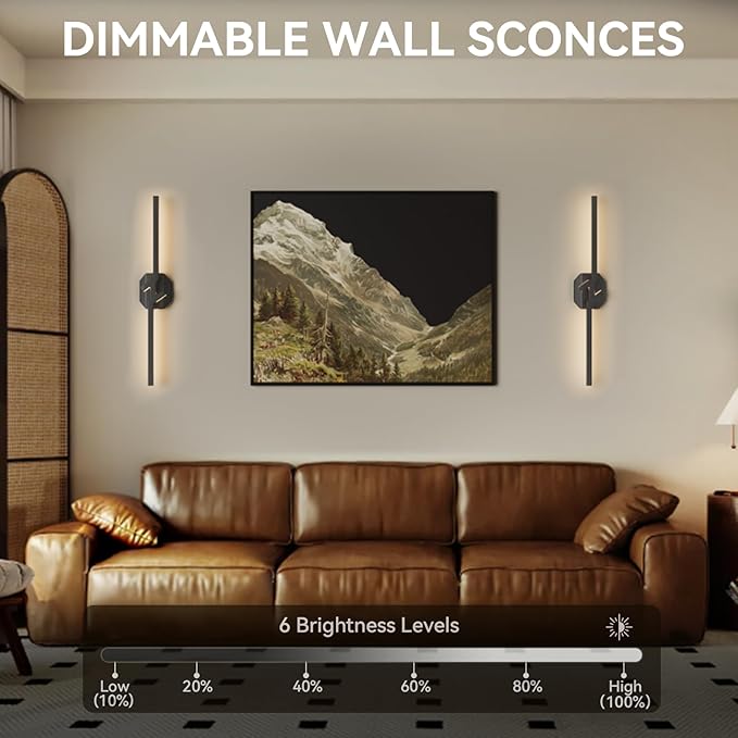 Battery Operated Wall Sconce Set of Two,USB Rechargeable Wall Sconce with Remote Control,3000K-6000K Infinite Dimmable Wall Lamps for Bedroom,Background Wall,Living Room,Hallway,Wall Decor,28inch