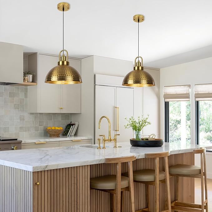 Gold Pendant Light Fixtures, 11.8" Hammered Pendant Light with Gold Holder, Adjustable Pendant Lights for Kitchen Island, Dinning Room, Living Room, Cafe Bar, 2 Pack