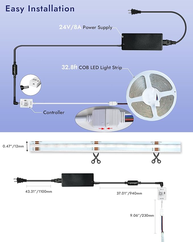 RGBW COB Led Light Strip 32.8FT/10M, 12mm Flexible Led Tape Light 6720LEDs, 24V/8A, COB Led Light 3000K/5000K Dimmable, Bright Smart Led Strip Lights for Bedroom, TV Backlight