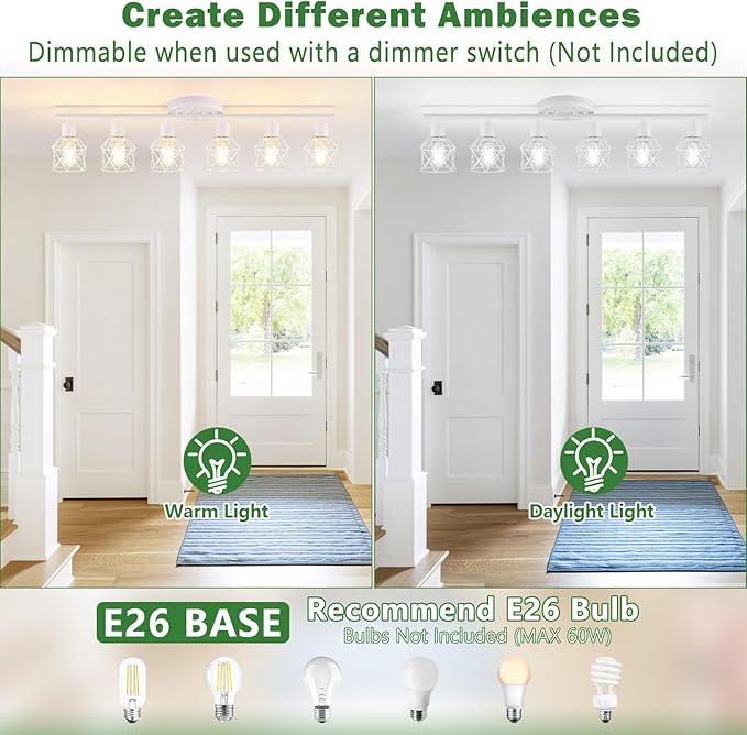 6-Lights White Semi Flush Mount Ceiling Light with Geometric Metal Cage, Modern Kitchen Track Lighting Fixtures Ceiling, Rotatable Close to Ceiling lamp for Entryway, Living Room, Hallway