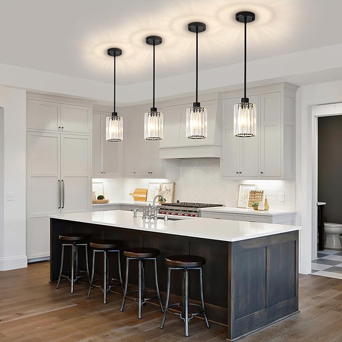 Crystal Pendant Lights for Kitchen Island, 2 Pack Modern Black Kitchen Pendant Light Fixtures, Mini Crystal Hanging Lights for Kitchen, Dining Room, Hallway, Foyer, Entryways