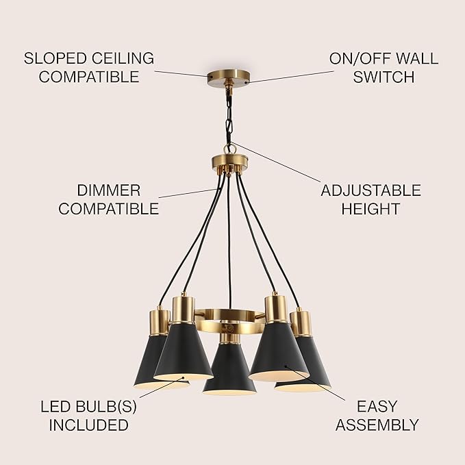 JONATHAN Y 22" Black/Brass Gold Apollo Mid-Century Modern Iron LED Pendant, Black Metal Shade, Adjustable Hanging Ceiling Light for Kitchen Island, Hallway, LED Bulb Included (JYL6135A)