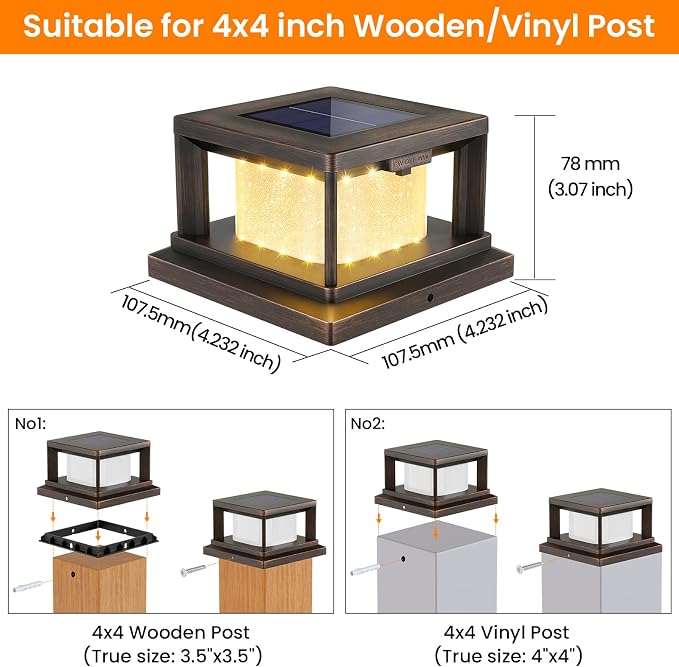 Mlambert 8 Pack Solar Post Lights Outdoor, 2 Modes LED Fence Cap Light for 4x4 Post, Waterproof Deck Light Patio Garden Decor, Warm/Cool White, Brown
