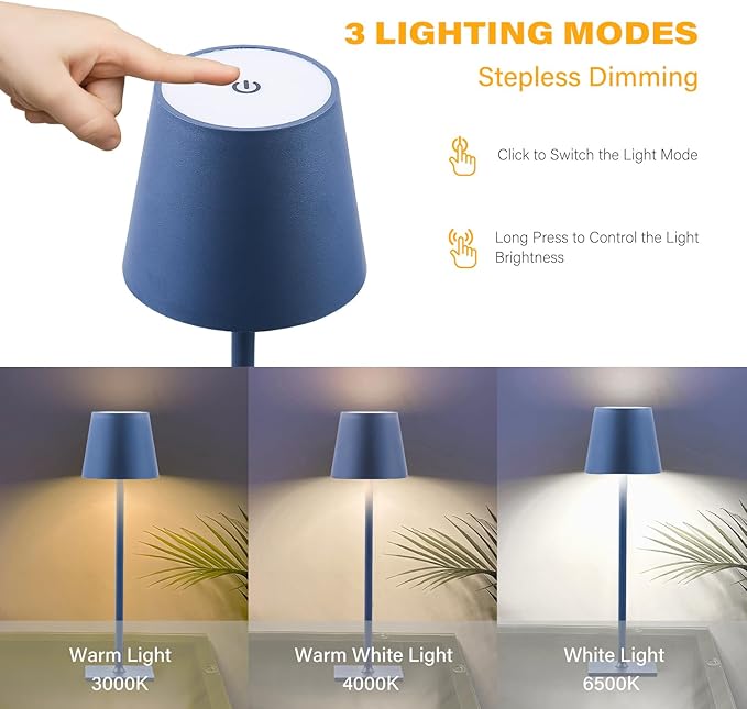 CHLORANTHUS 2 Pack Cordless Table Lamps, 3 Colors Stepless Dimming, 5000mAh Rechargeable Battery LED Desk Lamp for Bedroom/Couple Dinner/Desk/Cafe/Dining Room/Terrace