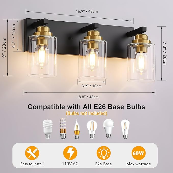 Black and Gold Bathroom Light Fixture, 3 Light Brushed Gold Vanity Light, 18.8" Modern Farmhouse Bathroom Lighting Fixtures Over Mirror, with Clear Glass Shade, Vanity Lights for Bedroom Hallway